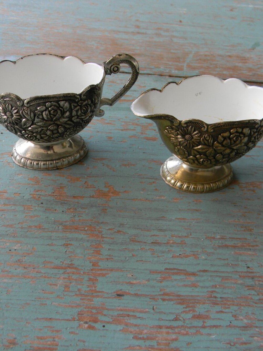 VINTAGE MINI Silver Plated Sugar Creamer Set Porcelain Lined, Floral EMBOSSED